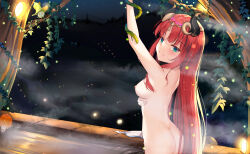 Rule 34 | 1girl, absurdres, alternate costume, alternate hairstyle, arm up, ass, blunt bangs, blurry, breasts, chinese commentary, commentary request, completely nude, depth of field, dongyue sakura, fake horns, fireflies, from behind, fungi (genshin impact), genshin impact, green eyes, hair down, head tilt, headpiece, highres, horns, long hair, looking at viewer, looking back, medium breasts, night, night sky, nilou (genshin impact), nipples, nude, onsen, red hair, sidelocks, sky, sleeveless, smile, snake, solo, star (sky), starry sky, steam, tree, wet towel