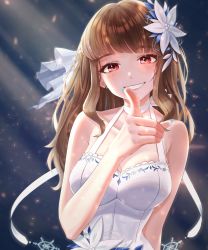 Rule 34 | 1girl, :d, absurdres, armpit crease, bare shoulders, blunt bangs, blush, breasts, brown hair, cleavage, collarbone, dress, flower, foreshortening, grin, hair flower, hair ornament, halterneck, hear (kpmf4732), highres, huge filesize, idol, idolmaster, idolmaster cinderella girls, kamiya nao, looking at viewer, medium breasts, nail polish, open mouth, pointing, pointing at viewer, red eyes, shiny skin, sleeveless, sleeveless dress, smile, snowflakes, solo, spotlight, upper body, white dress