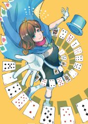 Rule 34 | 1girl, ace attorney, black dress, blue cape, blue eyes, brown hair, cape, card, closed mouth, commentary request, dress, eyelashes, from above, gloves, hat, highres, jewelry, kuranne, playing card, simple background, sleeveless, sleeveless dress, smile, solo, standing, standing on one leg, top hat, trucy wright, unworn hat, unworn headwear, white gloves, yellow background