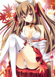 Rule 34 | 1girl, animal ears, bare shoulders, bell, bra, breasts, brown hair, cameltoe, cleavage, collar, collarbone, fox ears, front-tie top, hakama, hakama short skirt, hakama skirt, highres, japanese clothes, knees up, leaf, lingerie, long hair, looking at viewer, maple leaf, miko, mole, mole under eye, neck bell, off shoulder, original, panties, pink eyes, pleated skirt, red skirt, ribbon-trimmed legwear, ribbon trim, sidelocks, sitting, skirt, smile, solo, tail, thighhighs, thighs, twintails, two side up, underwear, usaginezumi, very long hair, white bra, white panties, white thighhighs