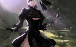 Rule 34 | 1girl, black dress, blindfold, breasts, bug, butterfly, cleavage, cleavage cutout, clothing cutout, cowboy shot, dress, flower, fwing, gloves, highres, bug, lips, medium breasts, mole, mole under mouth, nier (series), nier:automata, side slit, silver hair, solo, thighs, 2b (nier:automata)