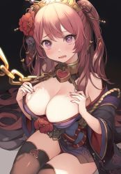 Rule 34 | 1girl, bare shoulders, blush, breasts, chain, chained, cleavage, commentary, dark background, grey background, hair between eyes, hair ornament, heart, heart collar, heart in eye, highres, japanese clothes, kimono, kuka (oedo) (princess connect!), kuka (princess connect!), large breasts, long hair, long sleeves, looking at viewer, nail polish, open mouth, pink nails, princess connect!, purple eyes, purple kimono, red hair, solo, srm chi, symbol-only commentary, symbol in eye, thighhighs, two side up, very long hair