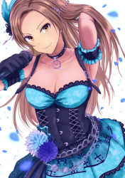 Rule 34 | 1girl, arm strap, ayame iro (toumei dolce), black gloves, blue feathers, blue skirt, breasts, brown eyes, brown hair, buckle, cleavage, collar, collarbone, earrings, feather hair ornament, feathers, gloves, hair ornament, hand in own hair, highres, holding, holding microphone, idol, idolmaster, idolmaster cinderella girls, jewelry, layered skirt, long hair, looking at viewer, matsunaga ryo, medium breasts, microphone, petals, skirt, smile, solo, standing, underbust, very long hair