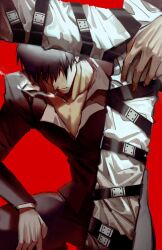 Rule 34 | 1boy, black hair, black jacket, black pants, black straps, cigarette, closed mouth, collarbone, collared shirt, cowboy shot, cross punisher, gannnmoo, highres, jacket, large cross, long sleeves, male focus, mouth hold, nicholas d. wolfwood, pants, red background, shirt, short hair, simple background, smoking, solo, standing, trigun, white shirt