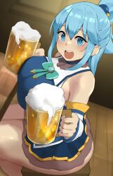 Rule 34 | 1girl, alcohol, aqua (konosuba), ass, bare shoulders, beer, blue eyes, blue hair, breasts, cup, detached sleeves, dress, feet out of frame, female focus, hair bobbles, hair ornament, highres, holding, holding cup, holding mug, huge ass, kono subarashii sekai ni shukufuku wo!, large breasts, looking at viewer, minggoo, mug, no panties, open mouth, sidelocks, sitting, skirt, smile, solo, table, teeth, thighs, upper teeth only, wooden floor, wooden table