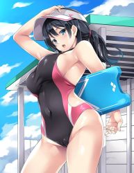 Rule 34 | 1girl, black hair, black one-piece swimsuit, blue eyes, blue sky, breasts, cameltoe, cloud, competition swimsuit, covered navel, cowboy shot, day, kickboard, large breasts, looking at viewer, low twintails, mizuhara yuu, one-piece swimsuit, open mouth, original, shed, sky, solo, swimsuit, twintails, visor cap