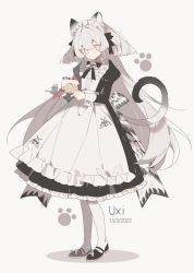 Rule 34 | 1girl, absurdres, animal ear fluff, animal ears, animal print, apron, artist name, asphyxia17, black bow, black dress, black footwear, blueberry, bow, bug, cake, cat ears, cat tail, commentary request, cupcake, dated, dress, expressionless, food, frilled apron, frills, fruit, grey background, grey hair, hair bow, highres, holding, holding tray, insect, juliet sleeves, long hair, long sleeves, looking at viewer, maid, moth, moth print, original, pantyhose, paw print, pink eyes, print bow, puffy sleeves, simple background, sleeve cuffs, solo, strawberry, striped, striped bow, tail, tray, two side up, very long hair, white apron, white bow, white pantyhose