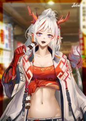 Rule 34 | 1girl, antenna hair, arknights, blurry, breasts, chaciooh, cleavage, collarbone, commentary request, depth of field, ear piercing, eating, elf, hair bun, highres, jacket, long hair, looking at viewer, md5 mismatch, nian (arknights), open mouth, piercing, pointy ears, purple eyes, resolution mismatch, silver hair, single hair bun, skewer, solo, source larger, stomach, tagme, teeth, upper teeth only, wings