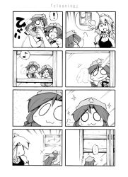 Rule 34 | !, 3girls, 4koma, :3, ^ ^, bad id, bad pixiv id, chibi, cleaning, closed eyes, comic, closed eyes, female focus, greyscale, hat, holding up, hong meiling, izayoi sakuya, maid, maid headdress, monochrome, multiple girls, musical note, o o, open mouth, quaver, silent comic, smile, sparkle, speech bubble, spoken exclamation mark, spoken musical note, star (symbol), touhou, uccow, window