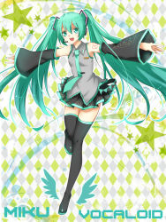 Rule 34 | 1girl, appleruby, argyle, argyle background, argyle clothes, bad id, bad pixiv id, character name, detached sleeves, green eyes, green hair, hatsune miku, highres, long hair, matching hair/eyes, necktie, outstretched arms, skirt, solo, spread arms, star (symbol), thighhighs, twintails, very long hair, vocaloid