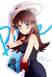 Rule 34 | 1girl, black dress, blue eyes, brown hair, character name, creatures (company), dress, earrings, female focus, game freak, gloves, green (pokemon), hat, highres, holding, holding clothes, holding hat, jewelry, long hair, looking at viewer, nintendo, parted lips, pokemon, pokemon adventures, sleeveless, sleeveless dress, solo, standing, white background, white gloves, white hat, yuuki (yuuk yume)