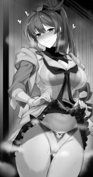 Rule 34 | 1girl, blush, breasts, cameltoe, closed mouth, clothes lift, cowboy shot, diantha (granblue fantasy), dress, dress lift, granblue fantasy, greyscale, hair ornament, heart, kumakichi (cost-lost), large breasts, long hair, long sleeves, looking at viewer, monochrome, panties, ponytail, pussy juice, smile, solo, thighs, underwear