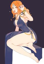 Rule 34 | 1girl, ass, black dress, breasts, cleavage, dress, feet, hip focus, large breasts, lipstick, long hair, makeup, nami (one piece), one piece, orange hair, solo, tagme, tattoo, thighs