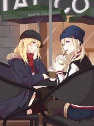 Rule 34 | 10s, 2girls, absurdres, alternate costume, bad id, bad pixiv id, beret, bismarck (kancolle), black legwear, blonde hair, blue eyes, blurry, chair, coat, contemporary, copyright name, denim, denim shorts, depth of field, drinking straw, elbow rest, graf zeppelin (kancolle), hair between eyes, hat, highres, kantai collection, long hair, looking at viewer, multiple girls, nyasa, outdoors, red scarf, scarf, shorts, sitting, smile, straight hair, table, thighhighs, twintails, winter clothes
