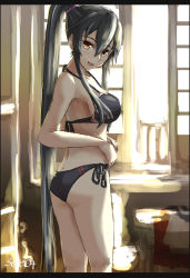 Rule 34 | 1girl, :d, anchor, armpits, ass, backlighting, bare arms, bare shoulders, bathroom, bikini, black bikini, black hair, breasts, commentary request, cowboy shot, double vertical stripe, flat ass, from side, hair between eyes, halterneck, high ponytail, highres, indoors, kantai collection, letterboxed, long hair, looking at viewer, looking to the side, open mouth, ponytail, red eyes, seitei (04seitei), side-tie bikini bottom, sideboob, sidelocks, signature, smile, solo, standing, sunlight, swimsuit, very long hair, window, yahagi (kancolle)