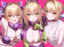 Rule 34 | 3girls, :d, :q, ahoge, animal ear fluff, animal ears, artoria pendragon (lancer alter) (fate), artoria pendragon (lancer alter) (royal icing) (fate), black choker, blonde hair, blush, breasts, choker, claws, cleavage, closed mouth, cosplay, dress, fang, fate/extra, fate/grand order, fate (series), florence nightingale (fate), florence nightingale (fate) (cosplay), florence nightingale (trick or treatment) (fate), fur-trimmed gloves, fur trim, gloves, green eyes, green gloves, hair between eyes, halloween costume, jewelry, large breasts, looking at viewer, mash kyrielight, mash kyrielight (dangerous beast), mash kyrielight (dangerous beast) (cosplay), multiple girls, navel, necklace, nero claudius (fate), nero claudius (fate) (all), nero claudius (fate/extra), official alternate costume, open mouth, pink background, purple gloves, short hair, simple background, smile, tongue, tongue out, twitter username, white dress, wolf ears, yayoi maka