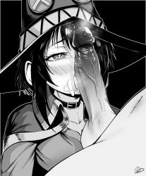 Rule 34 | 1boy, 1girl, absurdres, bad id, bad pixiv id, blush, cape, choker, clothed female nude male, commentary, cum, english commentary, erection, facial, fellatio, greyscale, hat, hetero, high contrast, highres, kono subarashii sekai ni shukufuku wo!, large penis, licking, licking penis, megumin, monochrome, nose blush, nude, oral, outline, penis, penis awe, penis on face, penis over one eye, pov, short hair, solo focus, speedl00ver, testicles, uncensored, veins, veiny penis, white outline, witch hat