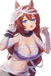 Rule 34 | 1girl, :d, animal ears, bandaged arm, bandages, bare shoulders, black neckwear, blue eyes, blush, breasts, brown hair, claw pose, cleavage, collarbone, commentary request, cowboy shot, ear ornament, fangs, halloween costume, hands up, highres, horse ears, lace trim, large breasts, leaning forward, littleamber, long hair, looking at viewer, navel, open mouth, simple background, smile, solo, super creek (chiffon ribbon mummy) (umamusume), super creek (umamusume), torn clothes, umamusume, very long hair, white background, wrist cuffs