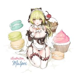 Rule 34 | 1girl, alternate costume, apron, ascot, black bow, black panties, bow, breasts, cherry, cleavage, cupcake, elsword, enmaided, food, fruit, full body, garter belt, green eyes, green hair, hair bow, kneeling, large breasts, long hair, looking at viewer, macaron, maid, mal poi, open mouth, panties, pointy ears, ponytail, rena erindel, simple background, smile, solo, thigh strap, thighhighs, thighs, underwear, white apron, white ascot, white background, white thighhighs