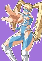 Rule 34 | 1990s (style), blonde hair, blue eyes, boots, capcom, leotard, mask, nagase haruhito, rainbow mika, retro artstyle, solo, street fighter, street fighter zero (series), thick thighs, thighs, twintails