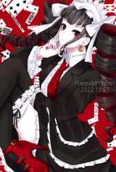 Rule 34 | 1girl, black hair, black nails, bonnet, card, celestia ludenberg, claw ring, danganronpa: trigger happy havoc, danganronpa (series), dated, drill hair, earrings, frills, gothic lolita, happy birthday, high heels, highres, jacket, jewelry, lolita fashion, long hair, long sleeves, looking at viewer, nail polish, necktie, playing card, red background, red eyes, red footwear, red necktie, smile, solo, thighhighs, twin drills, twintails, yukiusagi (yukiusa)