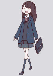 Rule 34 | 1girl, :d, ^ ^, bag, bow, briefcase, brown hair, closed eyes, full body, happy, loafers, long hair, oosawa (azeeee73), open mouth, original, pleated skirt, school briefcase, school uniform, shoes, simple background, skirt, smile, solo, thighhighs, walking