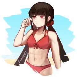 Rule 34 | 1girl, abs, bikini, black hair, blunt bangs, breasts, closed mouth, collarbone, commentary, cropped legs, danganronpa (series), danganronpa s: ultimate summer camp, danganronpa v3: killing harmony, english commentary, hair ornament, hair scrunchie, hand up, harukawa maki, highres, long hair, looking away, looking to the side, mole, mole under eye, muscular, navel, official alternate costume, pastahands, red bikini, red eyes, red scrunchie, scrunchie, small breasts, solo, swimsuit, twintails