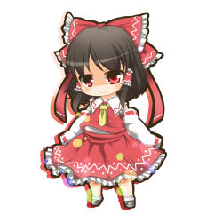 Rule 34 | 1girl, ascot, blurry, bokeh, bow, brown hair, depth of field, detached sleeves, dnk, female focus, full body, hair bow, hair ornament, hakurei reimu, japanese clothes, miko, red eyes, shaded face, skirt, solo, touhou, white background