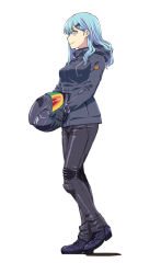 Rule 34 | 1girl, aqua eyes, aqua hair, black footwear, black gloves, closed mouth, commentary, gloves, hair ornament, hairclip, helmet, ishii hisao, jacket, kantai collection, leather, leather jacket, leather pants, long hair, long sleeves, motorcycle helmet, pants, shadow, shoes, smile, solo, suzuya (kancolle), white background