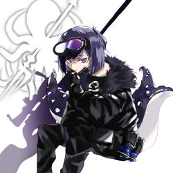 Rule 34 | 1girl, :o, absurdres, abyssal hunters logo, andreana (arknights), arknights, bad id, bad pixiv id, black jacket, black pants, black shirt, blunt bangs, commentary request, feet out of frame, from behind, fur-trimmed jacket, fur trim, goggles, goggles on head, gun, highres, holding, holding mask, jacket, lefty-hand, long sleeves, looking at viewer, mask, mask pull, mouth mask, open clothes, open jacket, pants, partial commentary, purple eyes, purple hair, rifle, shirt, short hair, sniper rifle, solo, tentacles, weapon, white background