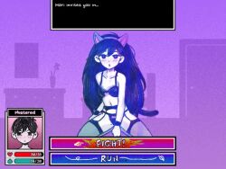 Rule 34 | 1boy, 1girl, animal ears, animated, animated gif, bedroom, black eyes, black hair, blue hair, blush, bra, breasts, bright pupils, brother and sister, cat ears, cat tail, colored skin, english text, female pervert, flustered, frilled bra, frills, gameplay mechanics, health bar, implied incest, lingerie, long hair, lowres, mari (omori), marisol (omori), medium breasts, navel, omori, omori (omori), open mouth, panties, pervert, purple background, siblings, source request, squatting, tail, thighhighs, tomthefool, underwear, user interface, video game, white skin