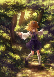 Rule 34 | 1girl, animal print, blonde hair, brown hat, dqn (dqnww), forest, frog print, hair ribbon, hat, highres, kneehighs, loafers, long sleeves, moriya suwako, nature, outstretched arms, ribbon, scenery, shirt, shoes, skirt, skirt set, smile, socks, solo, touhou, vest, wide sleeves