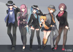Rule 34 | 2boys, 4girls, aqua necktie, bent over, black choker, black footwear, black gloves, black jacket, black pants, black ribbon, black shirt, black shorts, black skirt, black socks, blazer, blonde hair, blue eyes, blue hair, blue scarf, blue vest, boots, bracelet, breasts, brown hair, brown legwear, brown vest, buttons, choker, closed mouth, collared shirt, commentary request, cross-laced footwear, emblem, gloves, grey hat, grey jacket, grey pants, grey shirt, grin, hair ornament, hair ribbon, hairband, hairclip, hand on headwear, hand on own hip, hand up, hat, hatsune miku, high heels, jacket, jewelry, kagamine len, kagamine rin, kaito (vocaloid), knee boots, kneehighs, kuroi (liar-player), legs apart, long hair, long sleeves, looking at viewer, medium breasts, megurine luka, meiko (vocaloid), miniskirt, multiple boys, multiple girls, neck ribbon, necklace, necktie, open clothes, open jacket, orange neckwear, orange shirt, orange socks, pants, pantyhose, parted lips, pencil skirt, pink hair, pinstripe pattern, pinstripe vest, red eyes, red footwear, red shirt, ribbon, scarf, shadow, shirt, shoes, short hair, short shorts, shorts, sidelocks, skirt, smile, socks, standing, standing on one leg, striped clothes, striped legwear, striped shirt, striped socks, striped vest, suspenders, swept bangs, thighhighs, top hat, undershirt, v-shaped eyebrows, vertical-striped clothes, vertical-striped socks, very long hair, vest, vocaloid, white neckwear, white shirt, wing collar, zettai ryouiki