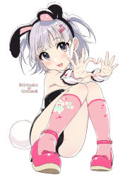 Rule 34 | 1girl, :3, :d, animal ears, ass, bare shoulders, black eyes, black leotard, blush, rabbit hair ornament, copyright name, fake animal ears, fang, full body, hair ornament, hairband, hairclip, head tilt, heart, heart hands, kneehighs, knees up, lace trim, leotard, looking at viewer, mizore (sabamizo channel), mole, mole under eye, open mouth, pink footwear, pink socks, playboy bunny, rabbit ears, rabbit tail, sabamizo channel, shoes, short hair, silver hair, simple background, sitting, smile, socks, solo, tail, thighs, tsukana (saba mizore), two side up, virtual youtuber, white background, wrist cuffs