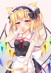Rule 34 | 1girl, absurdres, alternate costume, animal ear fluff, animal ears, apron, back bow, black bow, black dress, blonde hair, blush, bow, breasts, cat ears, cat tail, collarbone, commentary request, covering own mouth, cowboy shot, crystal, detached collar, dress, enmaided, flandre scarlet, frills, furrowed brow, glowing, half-closed eyes, hand over own mouth, highres, holding own tail, kemonomimi mode, light particles, looking to the side, maid, maid apron, maid headdress, medium breasts, medium hair, miy@, one side up, orange eyes, pink background, red ribbon, ribbon, solo, tail, touhou, white bow, wings, wrist cuffs
