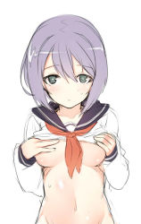 Rule 34 | 1girl, :o, bad id, bad pixiv id, black eyes, bottomless, breasts, character request, clothes lift, copyright request, covering nipples, covering privates, groin, looking at viewer, navel, neckerchief, purple hair, school uniform, serafuku, shirt lift, short hair, sketch, solo, sweatdrop, tama (tamatamo), white background