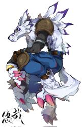 Rule 34 | 1other, barefoot, belt, blue pants, body fur, brass knuckles, brown belt, chain necklace, claws, closed mouth, corrupted twitter file, digimon, digimon (creature), earrings, highres, jewelry, leg belt, multiple earrings, necklace, o-ring, pants, sharp teeth, simple background, snout, solo, teeth, weapon, weregarurumon, white background, yellow eyes, youzaiyouzai112