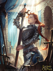 Rule 34 | 1girl, armor, banner, blue eyes, braid, breastplate, commentary, couter, dated, freckles, full armor, greaves, halberd, legend of the cryptids, lips, long hair, nose, plate armor, polearm, realistic, red hair, scabbard, sheath, single braid, solo, sword, tatiana kirgetova, unsheathing, weapon