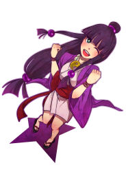 Rule 34 | 1girl, ace attorney, black hair, blunt bangs, blush, bracelet, bright pupils, clenched hands, full body, green eyes, himuro (harusame zensen), japanese clothes, jewelry, long hair, long post, long sleeves, low-tied long hair, maya fey, necklace, obi, open mouth, outline, round teeth, sandals, sash, solo, star (symbol), teeth, traditional clothes