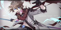 Rule 34 | 1boy, 2021, birthday, black gloves, blue eyes, brown hair, character name, dated, earrings, genshin impact, gloves, hair between eyes, happy birthday, holding, holding weapon, jacket, jewelry, male focus, open mouth, pants, polearm, red scarf, scarf, shiki (shikki46), simple background, single earring, solo, tartaglia (genshin impact), vision (genshin impact), water, weapon