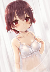 Rule 34 | 1girl, blush, breasts, brown hair, camisole, collarbone, curtains, gradient hair, jewelry, kantai collection, multicolored hair, mutsuki (kancolle), navel, ootori (kyoya-ohtori), red hair, ring, short hair, small breasts, smile, solo, underwear, upper body, wedding band
