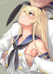 Rule 34 | 1boy, 1girl, admiral (kancolle), bare shoulders, black neckerchief, blonde hair, blue sailor collar, blush, bosshi, grabbing another&#039;s breast, collarbone, elbow gloves, gloves, grabbing, grabbing from behind, green eyes, grin, guided breast grab, guiding hand, hairband, hetero, highres, holding another&#039;s wrist, kantai collection, long hair, long sleeves, looking at another, neckerchief, sailor collar, shimakaze (kancolle), simple background, smile, solo focus, sweatdrop, white gloves