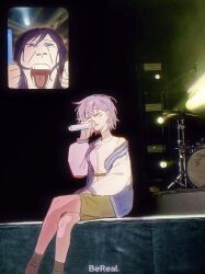 Rule 34 | 2girls, bang dream!, bang dream! it&#039;s mygo!!!!!, bereal, blush, brown skirt, closed eyes, commentary, drum, drum set, earrings, fan screaming at madison beer (meme), grey hair, hashtag-only commentary, highres, holding, holding microphone, instrument, jewelry, meme, microphone, mostlanr, multiple girls, music, parted lips, shiina taki, shirt, short hair, shouting, singing, sitting, skirt, sleeveless, sleeveless shirt, stage, takamatsu tomori, white shirt