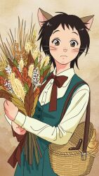 Rule 34 | 1girl, animal ears, autumn leaves, basket, black hair, blue skirt, blue vest, blush, bouquet, bow, bowtie, brown background, brown eyes, cat ears, cat girl, closed mouth, collared shirt, cowboy shot, dress shirt, fish, flower, food, highres, holding, holding bouquet, long sleeves, looking at viewer, neko no ongaeshi, red bow, red bowtie, rikaco1988, shirt, short hair, skirt, skirt set, snout, solo, vest, whiskers, white flower, white shirt, yoshioka haru
