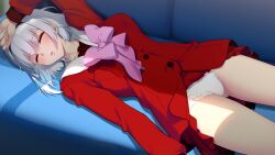 Rule 34 | 1girl, arm up, blush, bow, breasts, closed eyes, clothes lift, couch, eyebrows hidden by hair, feet out of frame, female focus, game cg, indoors, large breasts, legs, lying, original, panties, pantyshot, parted lips, pink bow, saimin datsujo 4, school uniform, short hair, skirt, skirt lift, sleeping, solo, ten&#039;nouji karen, thighs, underwear, white hair, yoshino keiko