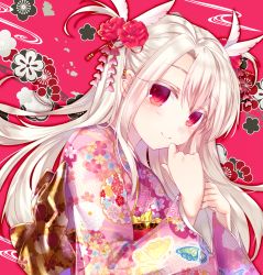 Rule 34 | 1girl, blush, closed mouth, commentary request, fate/kaleid liner prisma illya, fate (series), feather hair ornament, feathers, fingernails, floral print, flower, hair between eyes, hair flower, hair ornament, highres, illyasviel von einzbern, japanese clothes, kimono, kisaragi saki, long hair, long sleeves, looking at viewer, pink background, pink kimono, print kimono, purple eyes, red flower, sidelocks, silver hair, smile, solo, very long hair, white feathers, wide sleeves