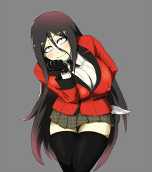 Rule 34 | 10s, 1girl, alternate legwear, bad id, bad pixiv id, black gloves, black hair, black ribbon, black thighhighs, blush, breasts, combat knife, constricted pupils, creator connection, curvy, dress shirt, facing viewer, female focus, formal, gloves, gradient hair, grey background, hair between eyes, head rest, holding, holding behind back, holding knife, jabami yumeko, jacket, kakegurui, knife, large breasts, leaning forward, long hair, looking at viewer, miniskirt, moumoku pen gin, multicolored hair, patterned, pleated skirt, red eyes, red jacket, ribbon, shirt, simple background, skirt, smile, solo, suit, suit jacket, thighhighs, very long hair, weapon, zettai ryouiki