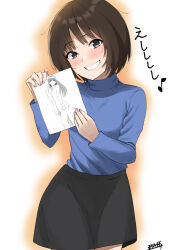 Rule 34 | 1girl, :d, amagami, artist name, ayatsuji tsukasa, black eyes, black skirt, blue shirt, blue sweater, blunt bangs, blush, bob cut, breasts, brown hood, commentary, cowboy shot, drawing, gradient background, grin, hair strand, head tilt, holding, holding drawing, holding paper, long sleeves, messy hair, mori heichi, musical note, open mouth, orange background, pajamas, paper, partially colored, pink nails, quarter note, shirt, signature, skirt, small breasts, smile, solo, spoken musical note, standing, sweater, tachibana miya, teeth, translated, turtleneck, turtleneck sweater, two-tone background, white background