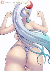 Rule 34 | 1girl, artist name, ass, breasts, earrings, flexing, from behind, fundoshi, funi xd, gradient hair, green hair, hair ornament, hair stick, highres, horns, huge ass, japanese clothes, jewelry, large breasts, long hair, multicolored hair, one piece, oni horns, ponytail, sideboob, solo, thick thighs, thigh gap, thighs, topless, white background, white hair, wide hips, yamato (one piece)