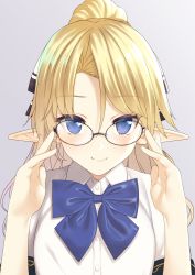 Rule 34 | 1girl, adjusting eyewear, bespectacled, black-framed eyewear, blonde hair, blue bow, blue bowtie, blue eyes, blue ribbon, blush, bow, bowtie, closed mouth, collared shirt, commentary request, elf, glasses, glasses day, highres, iris (takunomi), long hair, looking at viewer, original, pointy ears, ponytail, ribbon, shirt, short sleeves, simple background, smile, solo, takunomi, upper body, white shirt